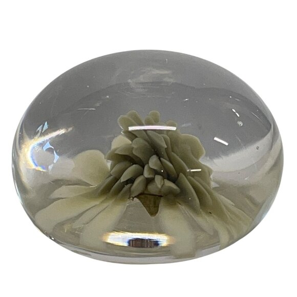 Vintage Handcrafted Glass Paperweight Encased Cream Floral Design - Picture 1 of 6